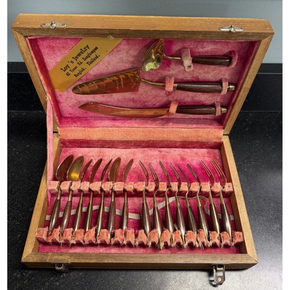 Vintage Thai Brass & Teak Flatware Set in Case 18 Pc Loy's Jewelry